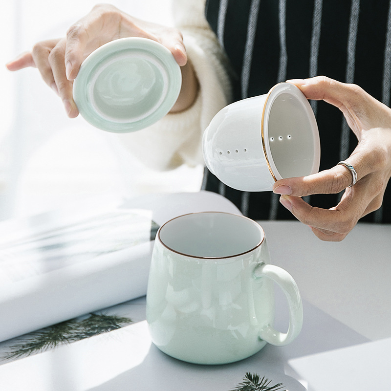 茶水分离杯陶瓷泡茶杯定制带盖过滤水杯陶瓷杯子办公杯现货批发马克杯